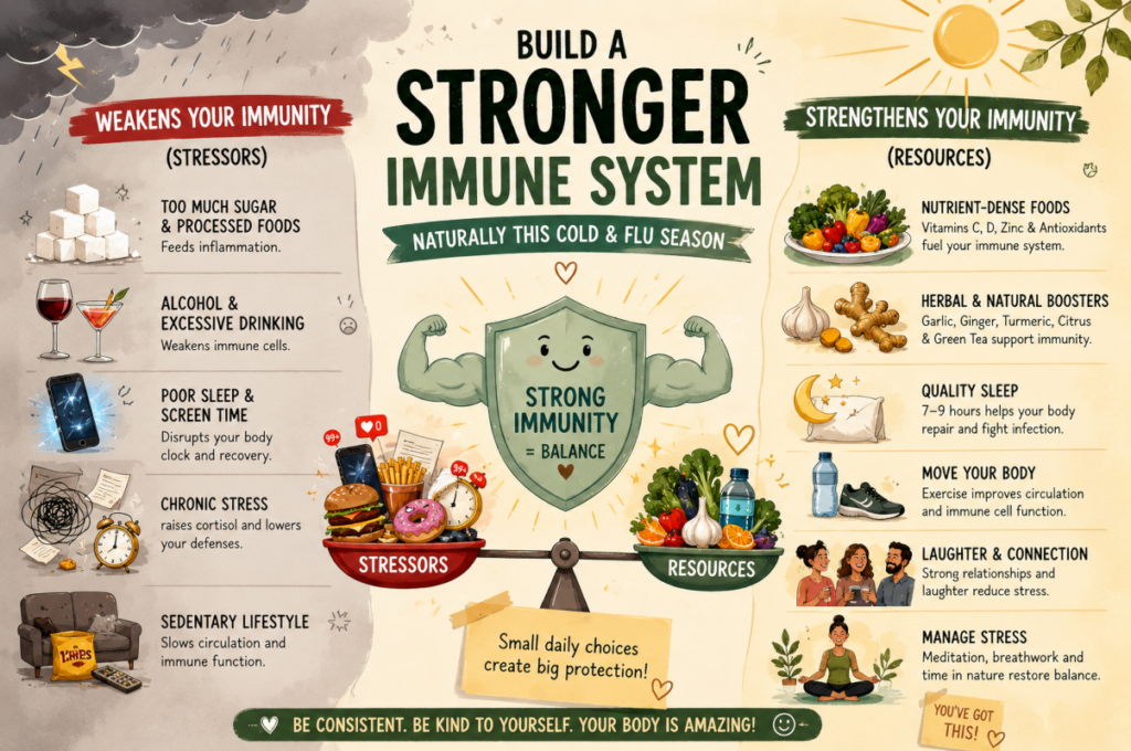 Vertical wellness infographic comparing habits that weaken the immune system with healthy lifestyle choices that strengthen immunity, centered around a balanced shield symbolizing immune health during cold and flu season.