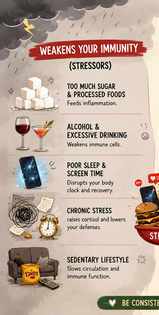 Illustrated infographic section showing unhealthy habits that weaken the immune system, including excess sugar, alcohol, poor sleep, chronic stress, and sedentary behavior.