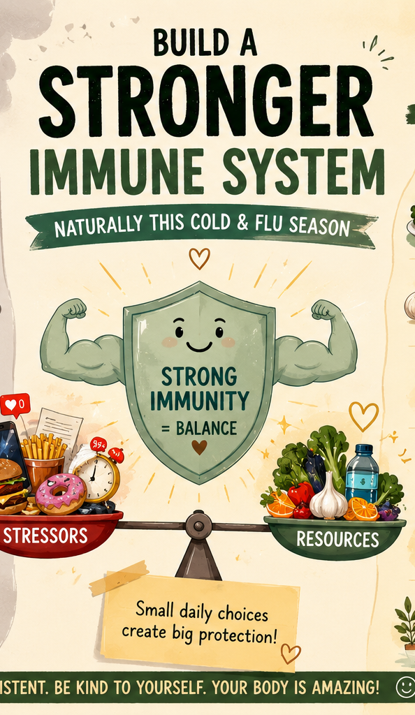 Central infographic illustration featuring a smiling shield and balance scale symbolizing a strong immune system created through balanced healthy habits and reduced stressors.