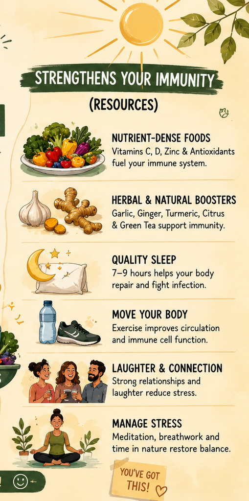 Illustrated wellness infographic showing healthy habits that strengthen immunity, including nutrient-dense foods, herbal remedies, sleep, exercise, laughter, and stress management.