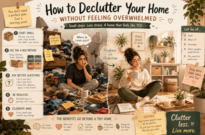 Warm editorial-style decluttering infographic showing a messy room transforming into a cozy organized space, alongside five practical decluttering tips and a stressed woman becoming calm and relaxed.