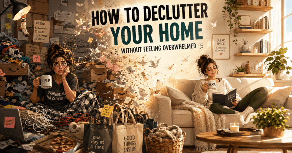 Editorial-style illustration of a cluttered living room transforming into a calm minimalist space, showing a stressed woman surrounded by clothes, cables, boxes, and sticky notes on the left, gradually transitioning into a peaceful cozy room with plants, warm light, and the same woman relaxing with tea and a book on the right.