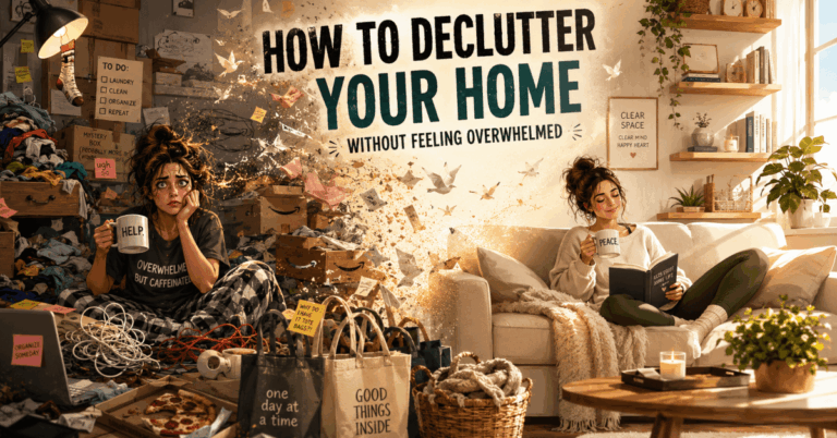 Editorial-style illustration of a cluttered living room transforming into a calm minimalist space, showing a stressed woman surrounded by clothes, cables, boxes, and sticky notes on the left, gradually transitioning into a peaceful cozy room with plants, warm light, and the same woman relaxing with tea and a book on the right.