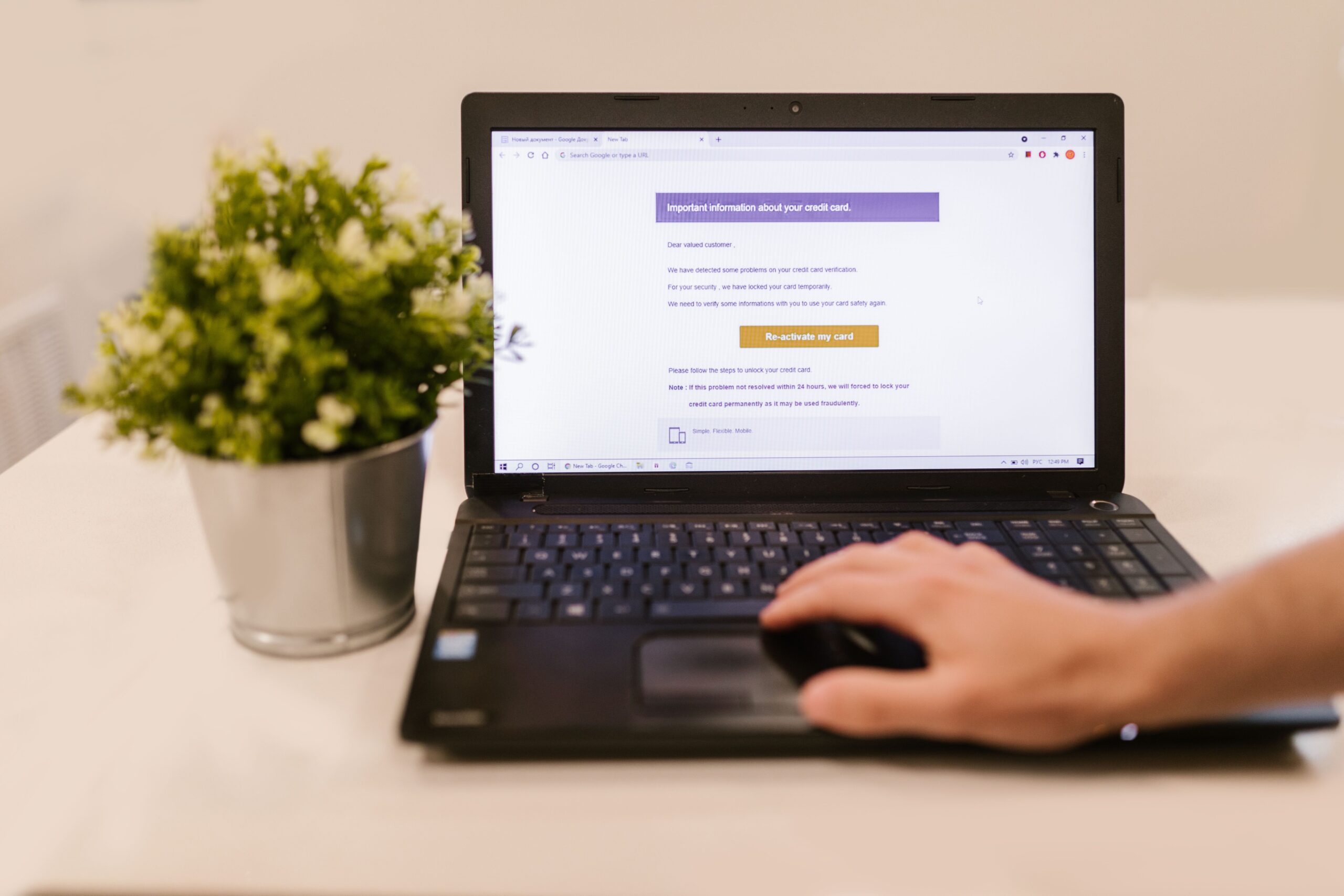 A person using a laptop to read email indoors beside a potted plant.